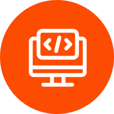 White computer monitor with programming brackets icon on orange circle background.