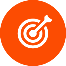 White arrow in bullseye target on orange circle background.